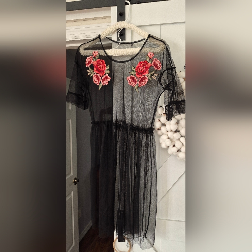 Floral Embroidered Black  Mesh Swim Cover Up Or Layering Midi Dress
